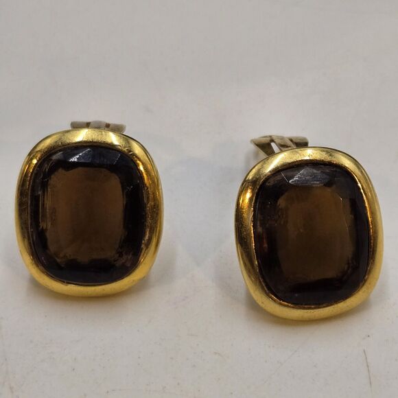 Vintage Signed Joan Rivers Square Bezel Set Amber Tone Glass Clip On Earrings - Picture 1 of 6